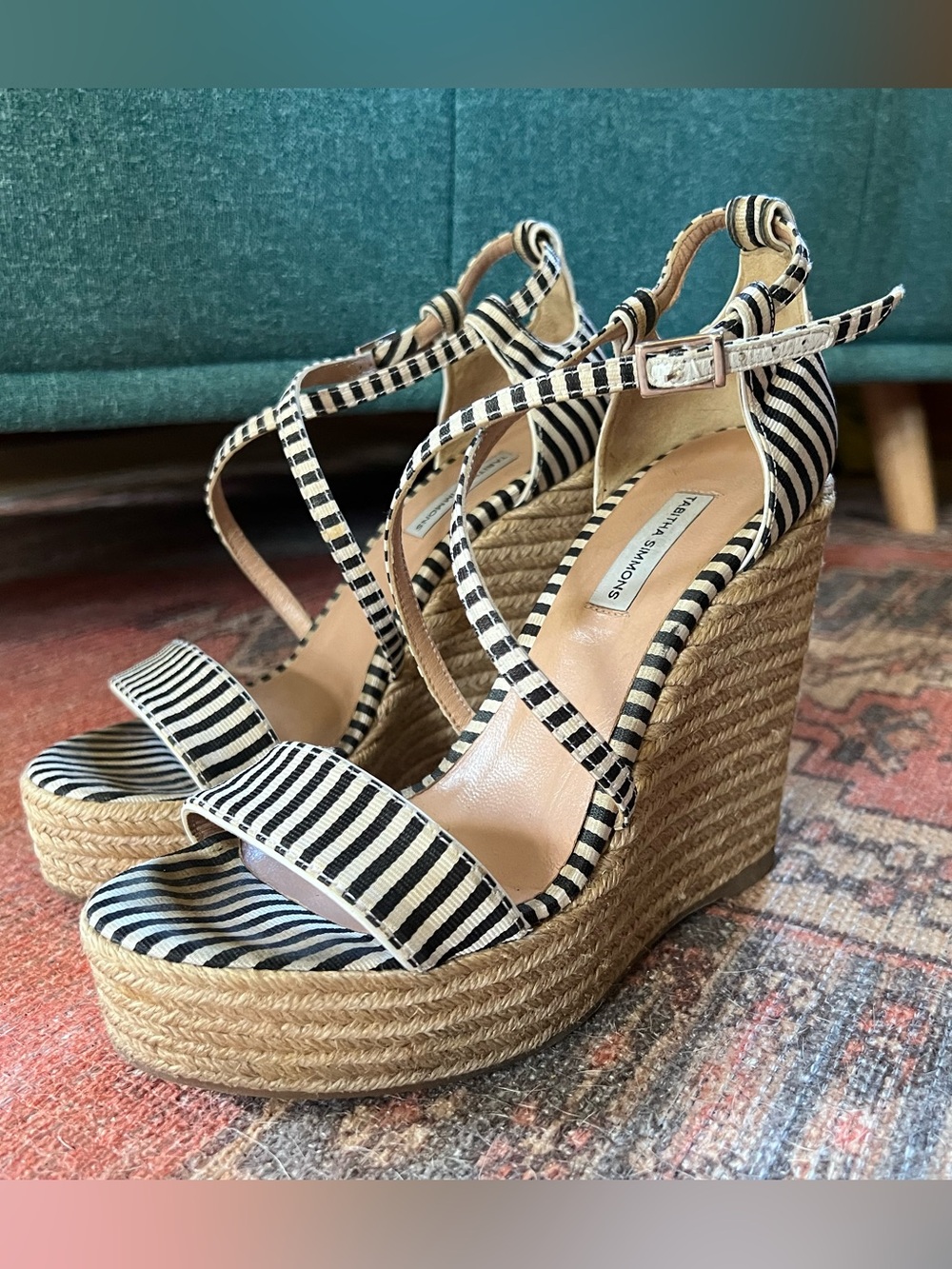 Tabitha Simmons Black and White Striped Espadrille Wedge Sandals